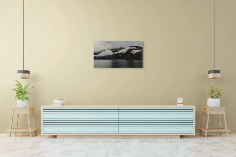 Tablou Canvas Peisaj Natură Munți Apă Reflexie Ceață Calm, 90 x 50 cm – poza 5