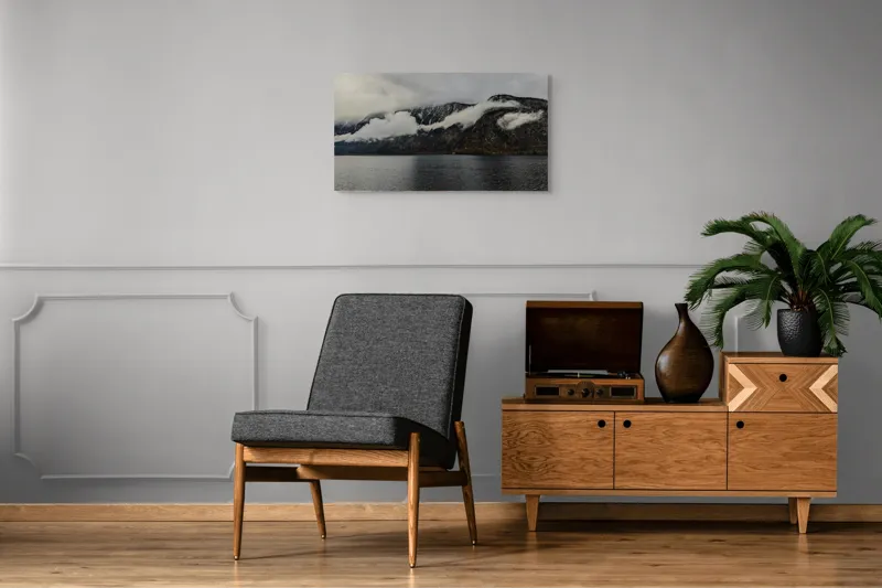 Tablou Canvas Peisaj Natură Munți Apă Reflexie Ceață Calm, 90 x 50 cm – poza 6