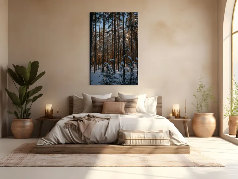 Tablou Canvas Pădure Iarnă Serenitate Natură Trunchiuri Umbre, 100 x 150 cm – poza 3