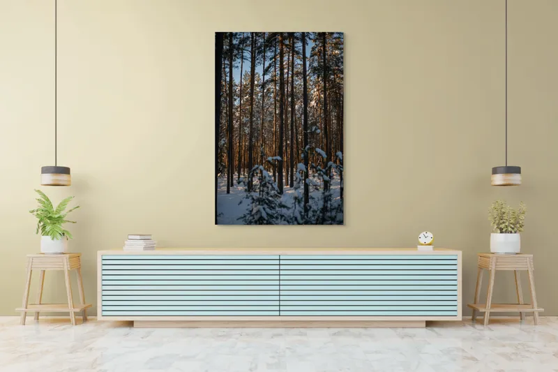 Tablou Canvas Pădure Iarnă Serenitate Natură Trunchiuri Umbre, 100 x 150 cm – poza 4