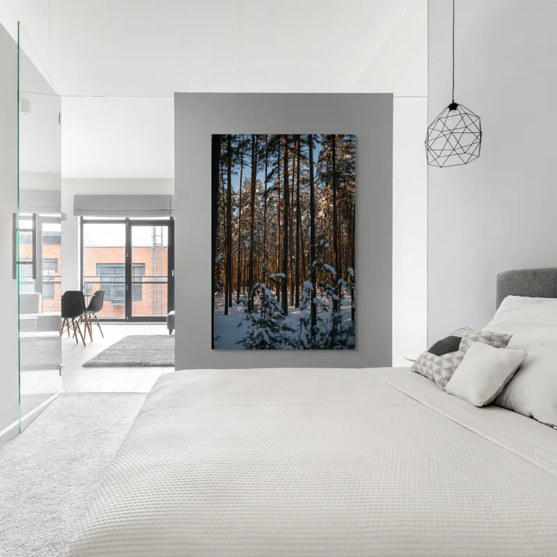 Tablou Canvas Pădure Iarnă Serenitate Natură Trunchiuri Umbre, 100 x 150 cm – poza 5