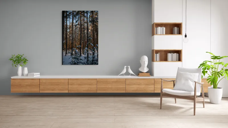 Tablou Canvas Pădure Iarnă Serenitate Natură Trunchiuri Umbre, 100 x 150 cm – poza 8