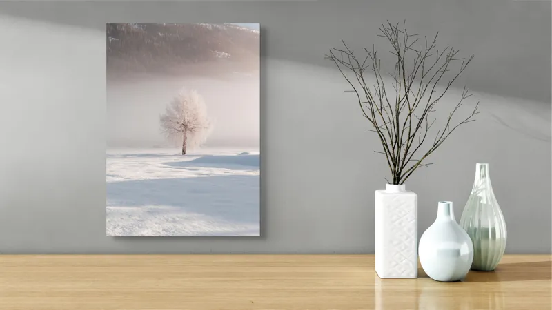 Tablou Canvas Peisaj Iarnă Solitudine Arbore Zăpadă Ceață Natură, 39 x 54 cm – poza 4