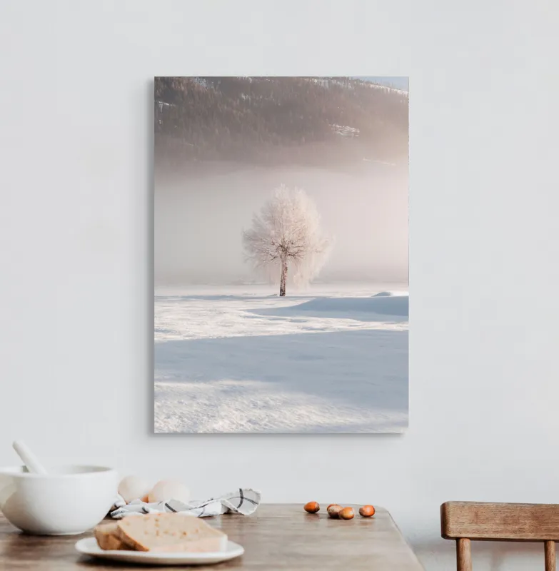 Tablou Canvas Peisaj Iarnă Solitudine Arbore Zăpadă Ceață Natură, 50 x 70 cm – poza 3
