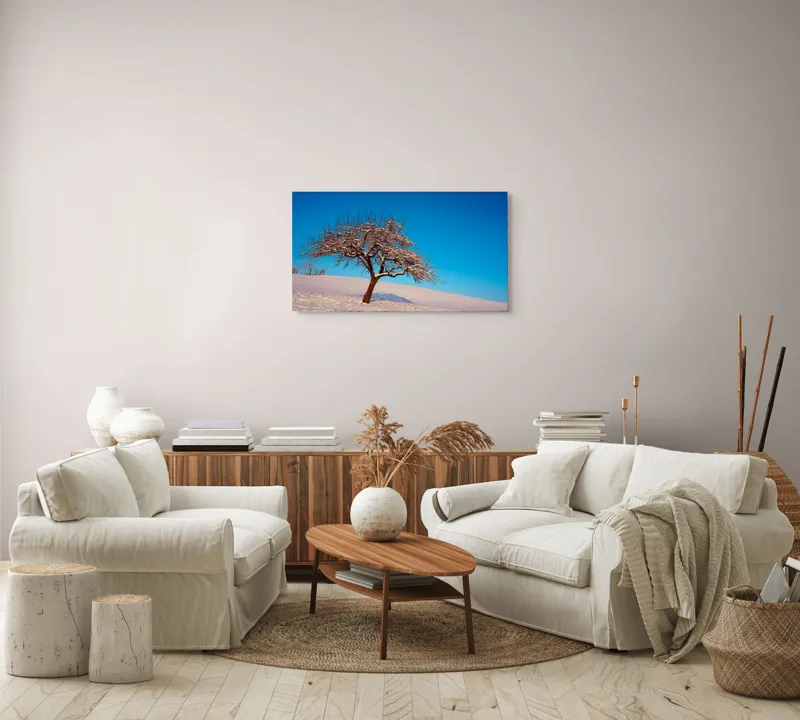 Tablou Canvas Copac pe zăpada albăstruie, Peisaj de Iarnă și Calm, 90 x 50 cm – poza 4