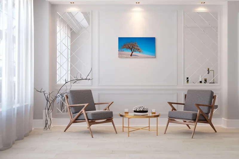 Tablou Canvas Copac pe zăpada albăstruie, Peisaj de Iarnă și Calm, 90 x 50 cm – poza 7