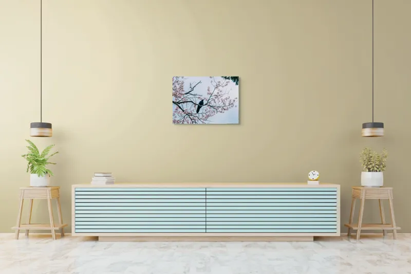 Tablou Canvas Primăvară Corb pe Ramură Înflorită Artă Naturală, 70 x 50 cm – poza 7