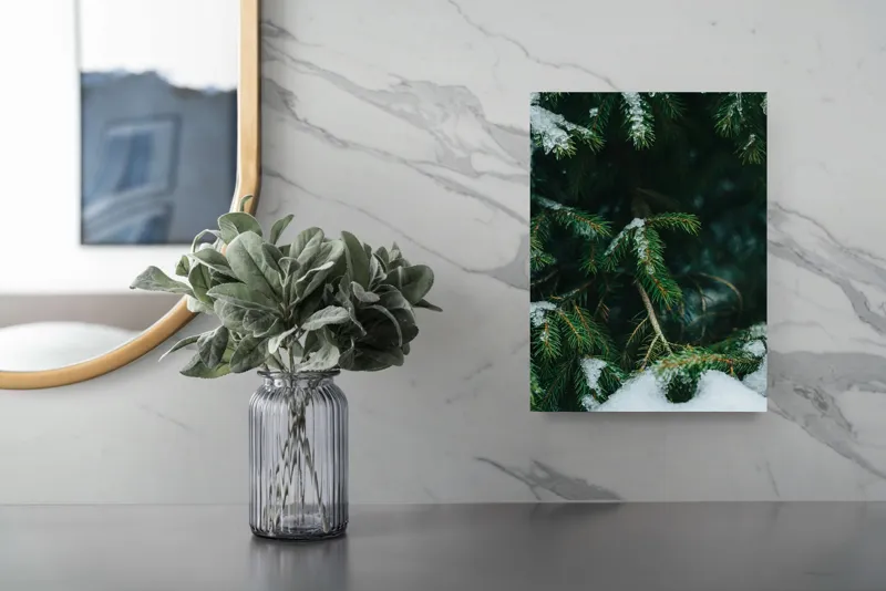 Tablou Canvas Ramuri de Brad acoperite de zăpadă Verde Ace Frunze Gheață Zăpadă, 26 x 39 cm – poza 4