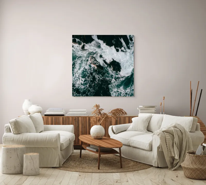 Tablou Canvas, "Valurile asaltând stâncile întunecate", Furie, Spumă, Vârtej, Contrast, Dinamică, Natură, Energie, Valuri, 100 x 100 cm – poza 3
