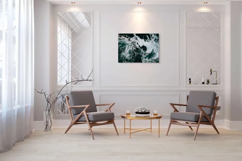 Tablou Canvas, "Valurile asaltând stâncile întunecate", Furie, Spumă, Vârtej, Contrast, Dinamică, Natură, Energie, Valuri, 100 x 70 cm – poza 5