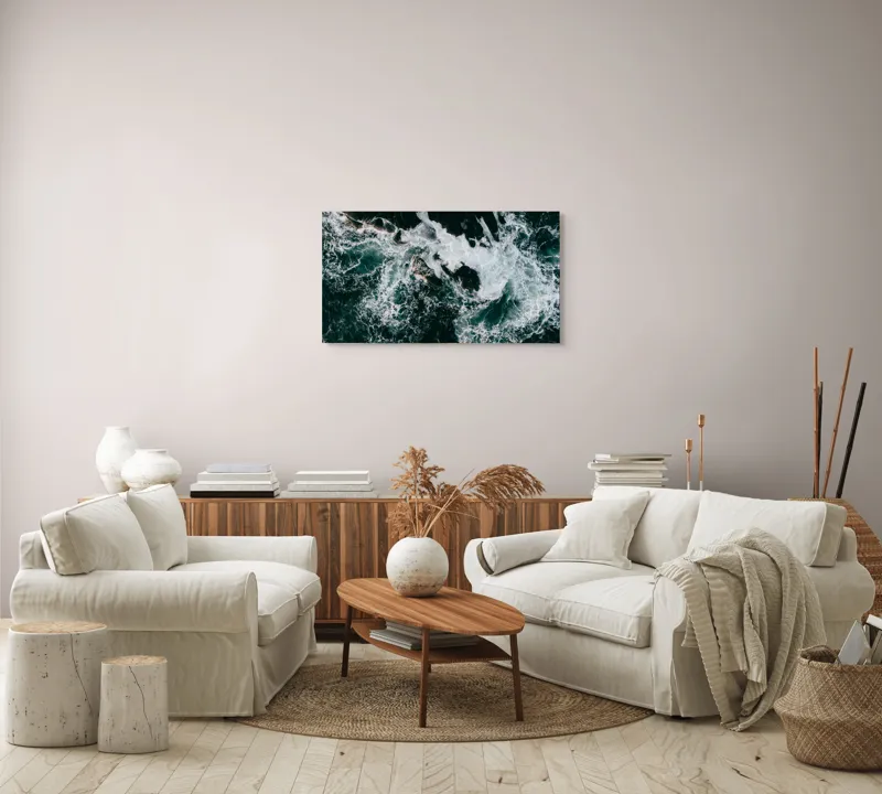 Tablou Canvas, "Valurile asaltând stâncile întunecate", Furie, Spumă, Vârtej, Contrast, Dinamică, Natură, Energie, Valuri, 90 x 50 cm – poza 4