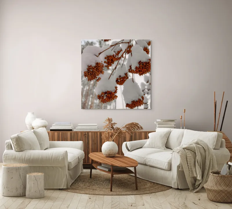 Tablou Canvas, "Florile iernii înveșmântate în zăpadă", Zăpadă, Contrast, Natură, Flori, Iarnă, Crengi, Frumusețe, Răceală, Îngheț, Alb, 100 x 100 cm – poza 3