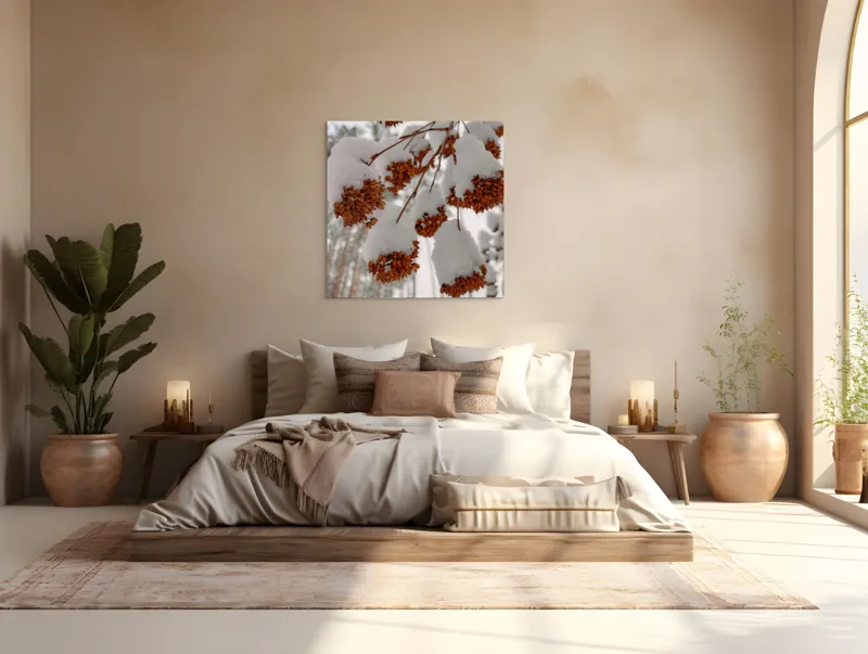 Tablou Canvas, "Florile iernii înveșmântate în zăpadă", Zăpadă, Contrast, Natură, Flori, Iarnă, Crengi, Frumusețe, Răceală, Îngheț, Alb, 100 x 100 cm – poza 4