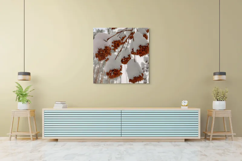 Tablou Canvas, "Florile iernii înveșmântate în zăpadă", Zăpadă, Contrast, Natură, Flori, Iarnă, Crengi, Frumusețe, Răceală, Îngheț, Alb, 100 x 100 cm – poza 5