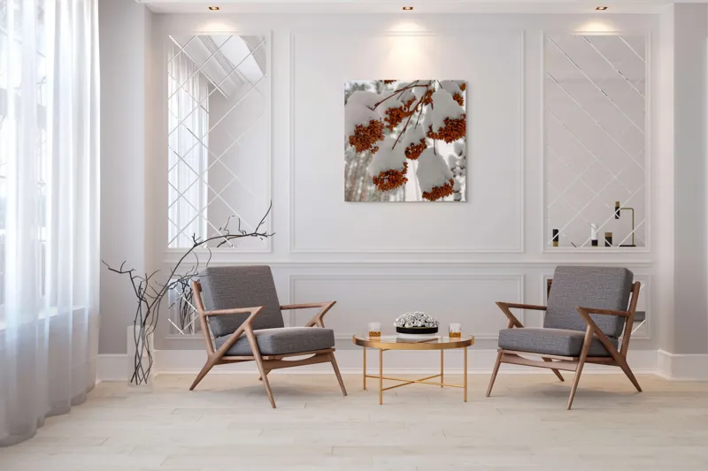 Tablou Canvas, "Florile iernii înveșmântate în zăpadă", Zăpadă, Contrast, Natură, Flori, Iarnă, Crengi, Frumusețe, Răceală, Îngheț, Alb, 100 x 100 cm – poza 7