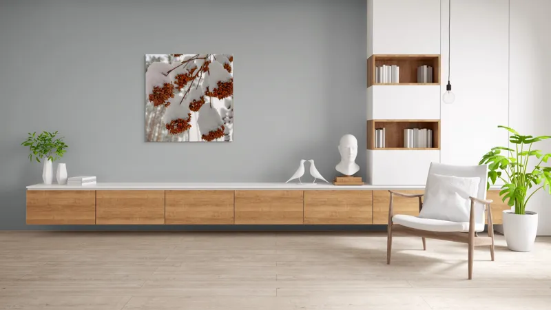 Tablou Canvas, "Florile iernii înveșmântate în zăpadă", Zăpadă, Contrast, Natură, Flori, Iarnă, Crengi, Frumusețe, Răceală, Îngheț, Alb, 100 x 100 cm – poza 8
