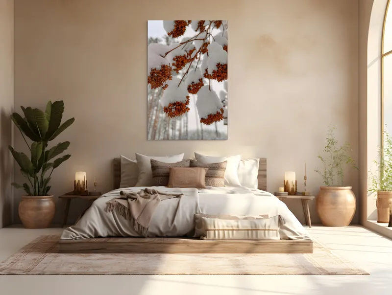 Tablou Canvas, "Florile iernii înveșmântate în zăpadă", Zăpadă, Contrast, Natură, Flori, Iarnă, Crengi, Frumusețe, Răceală, Îngheț, Alb, 100 x 150 cm – poza 3