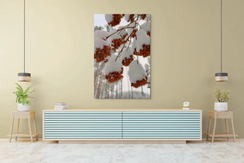 Tablou Canvas, "Florile iernii înveșmântate în zăpadă", Zăpadă, Contrast, Natură, Flori, Iarnă, Crengi, Frumusețe, Răceală, Îngheț, Alb, 100 x 150 cm – poza 4