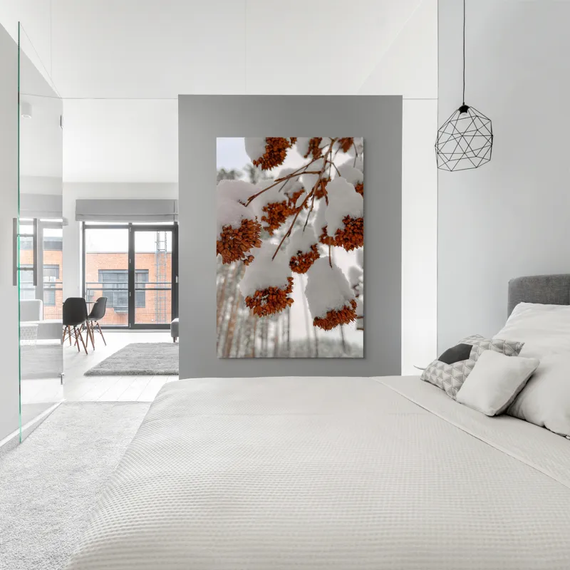 Tablou Canvas, "Florile iernii înveșmântate în zăpadă", Zăpadă, Contrast, Natură, Flori, Iarnă, Crengi, Frumusețe, Răceală, Îngheț, Alb, 100 x 150 cm – poza 5