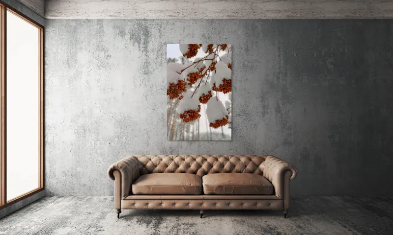 Tablou Canvas, "Florile iernii înveșmântate în zăpadă", Zăpadă, Contrast, Natură, Flori, Iarnă, Crengi, Frumusețe, Răceală, Îngheț, Alb, 100 x 150 cm – poza 6