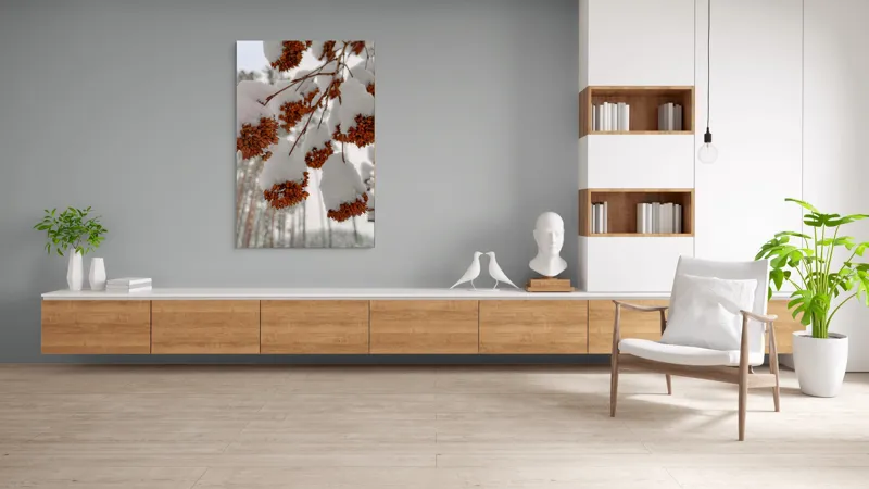 Tablou Canvas, "Florile iernii înveșmântate în zăpadă", Zăpadă, Contrast, Natură, Flori, Iarnă, Crengi, Frumusețe, Răceală, Îngheț, Alb, 100 x 150 cm – poza 8