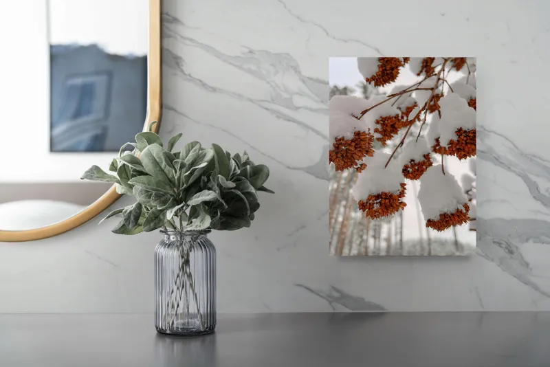 Tablou Canvas, "Florile iernii înveșmântate în zăpadă", Zăpadă, Contrast, Natură, Flori, Iarnă, Crengi, Frumusețe, Răceală, Îngheț, Alb, 26 x 39 cm – poza 4