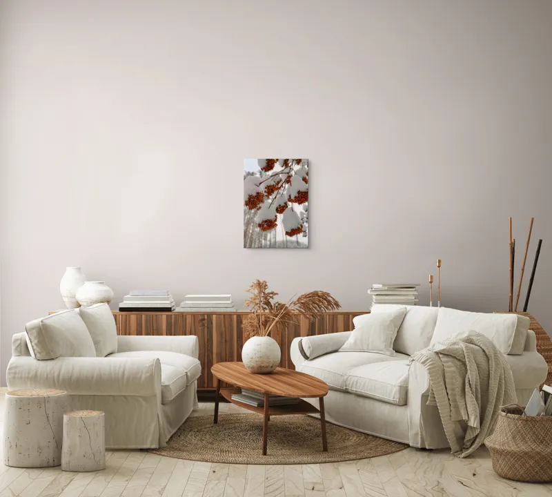 Tablou Canvas, "Florile iernii înveșmântate în zăpadă", Zăpadă, Contrast, Natură, Flori, Iarnă, Crengi, Frumusețe, Răceală, Îngheț, Alb, 39 x 54 cm – poza 5