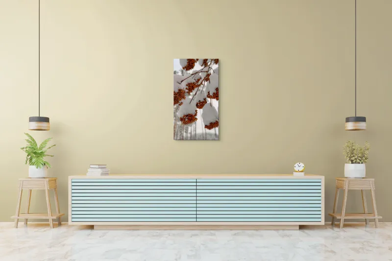 Tablou Canvas, "Florile iernii înveșmântate în zăpadă", Zăpadă, Contrast, Natură, Flori, Iarnă, Crengi, Frumusețe, Răceală, Îngheț, Alb, 50 x 90 cm – poza 6