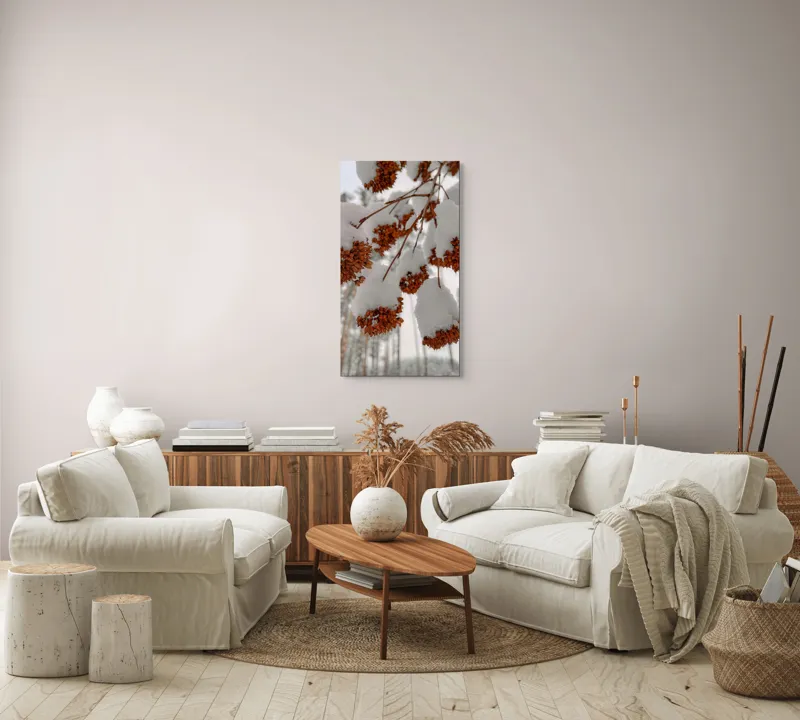 Tablou Canvas, "Florile iernii înveșmântate în zăpadă", Zăpadă, Contrast, Natură, Flori, Iarnă, Crengi, Frumusețe, Răceală, Îngheț, Alb, 50 x 90 cm – poza 7