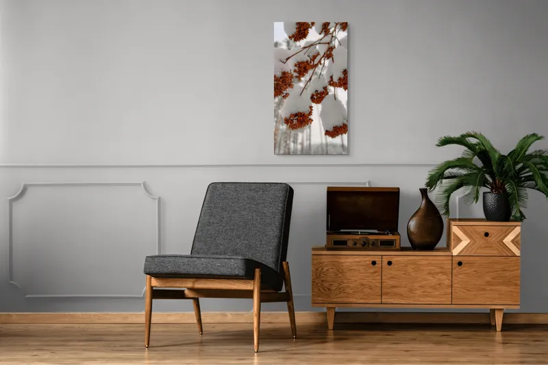 Tablou Canvas, "Florile iernii înveșmântate în zăpadă", Zăpadă, Contrast, Natură, Flori, Iarnă, Crengi, Frumusețe, Răceală, Îngheț, Alb, 50 x 90 cm – poza 8