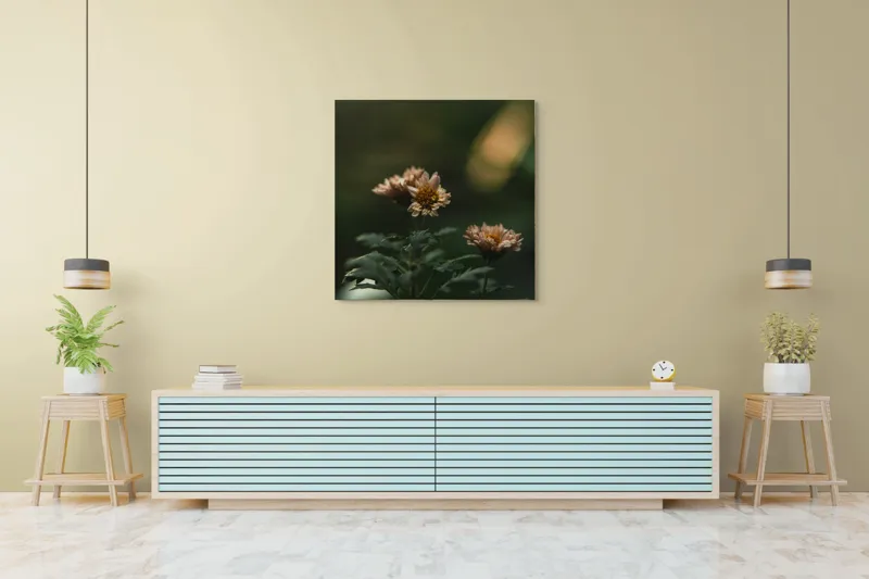 Tablou Canvas, "Tandrețea florilor la apus", Flori, Frunze, Natură, Seninătate, Blândețe, Lumini, Umbre, Verde, Petale, Înfloresc, Calm, Estetică, Delicat, Fragilitate, Armonie., 100 x 100 cm – poza 5