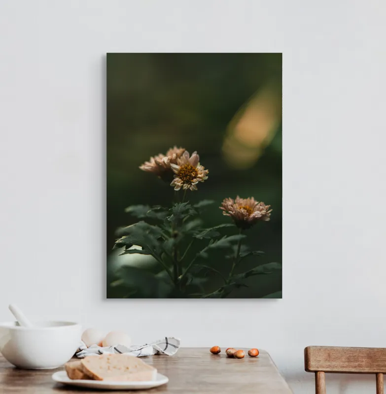 Tablou Canvas, "Tandrețea florilor la apus", Flori, Frunze, Natură, Seninătate, Blândețe, Lumini, Umbre, Verde, Petale, Înfloresc, Calm, Estetică, Delicat, Fragilitate, Armonie., 50 x 70 cm – poza 3