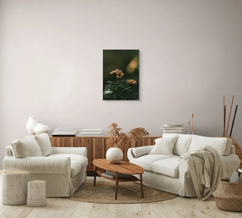 Tablou Canvas, "Tandrețea florilor la apus", Flori, Frunze, Natură, Seninătate, Blândețe, Lumini, Umbre, Verde, Petale, Înfloresc, Calm, Estetică, Delicat, Fragilitate, Armonie., 50 x 70 cm – poza 4