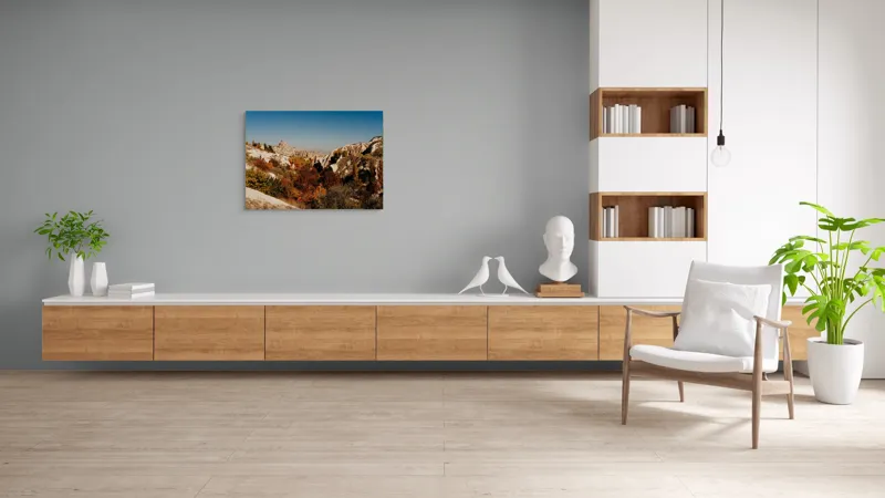 Tablou Canvas, "Orașul pietrelor sub cer senin", Peisaj, Dealuri, Stânci, Vegetație, Toamnă, Sat, Cer Albastru, Natură., 100 x 70 cm – poza 6