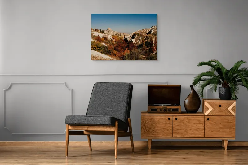 Tablou Canvas, "Orașul pietrelor sub cer senin", Peisaj, Dealuri, Stânci, Vegetație, Toamnă, Sat, Cer Albastru, Natură., 100 x 70 cm – poza 8