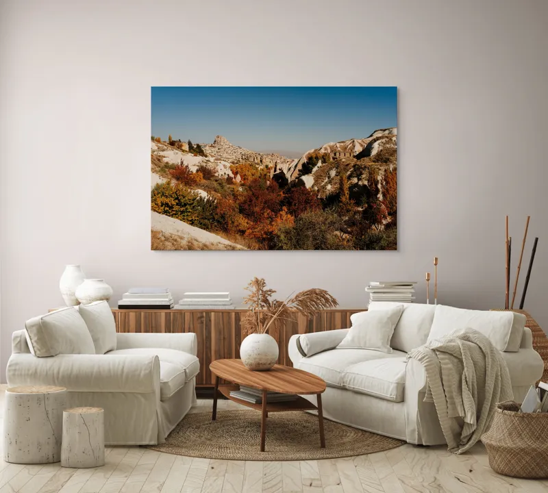 Tablou Canvas, "Orașul pietrelor sub cer senin", Peisaj, Dealuri, Stânci, Vegetație, Toamnă, Sat, Cer Albastru, Natură., 150 x 100 cm – poza 3