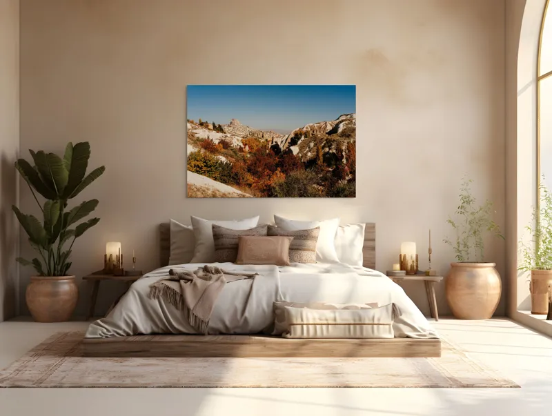 Tablou Canvas, "Orașul pietrelor sub cer senin", Peisaj, Dealuri, Stânci, Vegetație, Toamnă, Sat, Cer Albastru, Natură., 150 x 100 cm – poza 4