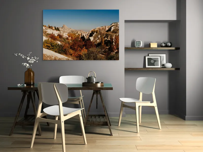 Tablou Canvas, "Orașul pietrelor sub cer senin", Peisaj, Dealuri, Stânci, Vegetație, Toamnă, Sat, Cer Albastru, Natură., 150 x 100 cm – poza 5
