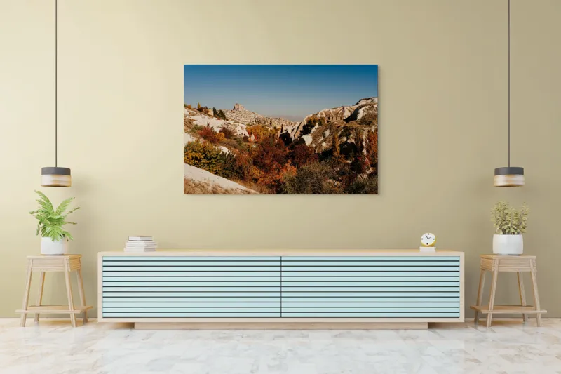 Tablou Canvas, "Orașul pietrelor sub cer senin", Peisaj, Dealuri, Stânci, Vegetație, Toamnă, Sat, Cer Albastru, Natură., 150 x 100 cm – poza 6
