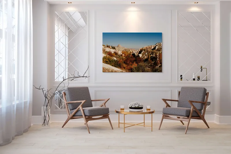 Tablou Canvas, "Orașul pietrelor sub cer senin", Peisaj, Dealuri, Stânci, Vegetație, Toamnă, Sat, Cer Albastru, Natură., 150 x 100 cm – poza 7