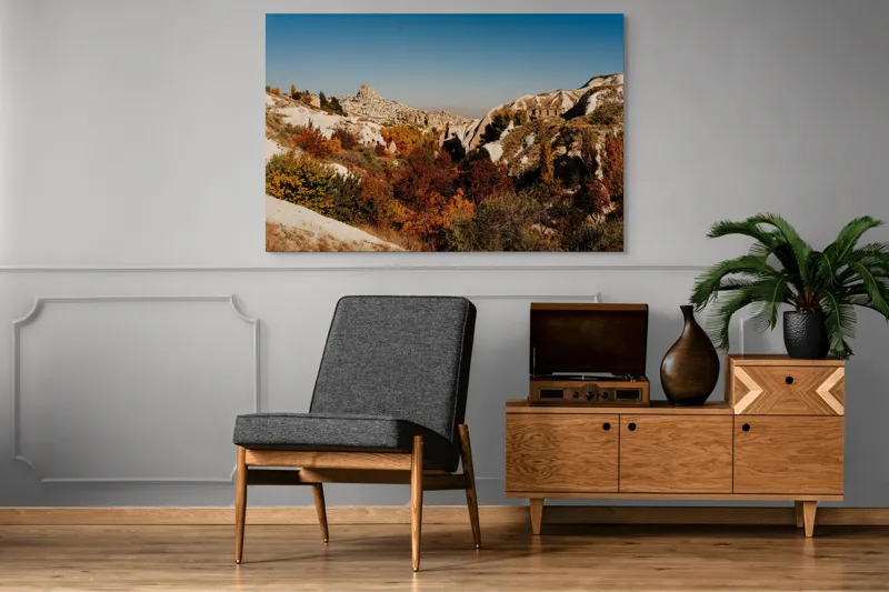 Tablou Canvas, "Orașul pietrelor sub cer senin", Peisaj, Dealuri, Stânci, Vegetație, Toamnă, Sat, Cer Albastru, Natură., 150 x 100 cm – poza 8