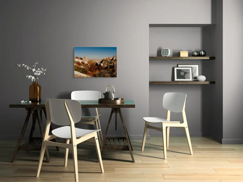 Tablou Canvas, "Orașul pietrelor sub cer senin", Peisaj, Dealuri, Stânci, Vegetație, Toamnă, Sat, Cer Albastru, Natură., 70 x 50 cm – poza 5