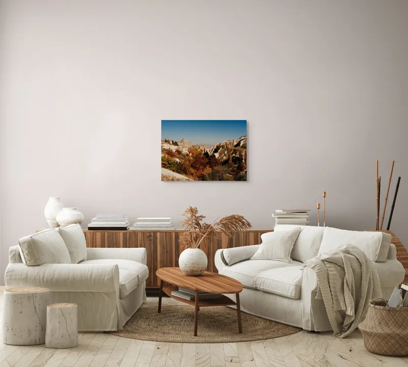 Tablou Canvas, "Orașul pietrelor sub cer senin", Peisaj, Dealuri, Stânci, Vegetație, Toamnă, Sat, Cer Albastru, Natură., 70 x 50 cm – poza 6