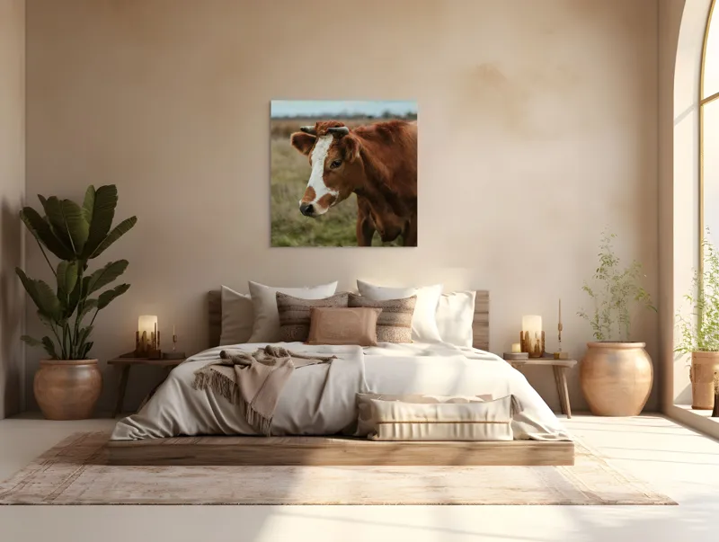 Tablou Canvas, "Vacă pașnică pe câmp verde", 100 x 100 cm – poza 4