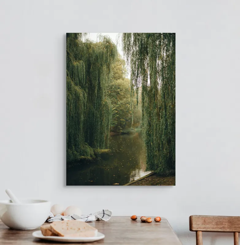 Tablou Canvas, "Melancolie sub sălciile plângătoare", Frunziș, Apă, Melancolie, Natură, Salcie, Toamnă, Reflecție, Liniște., 50 x 70 cm – poza 3