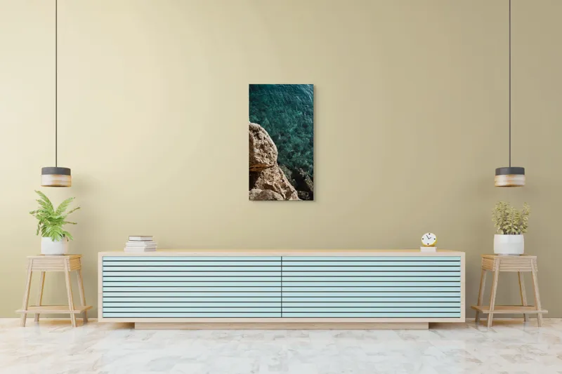 Tablou Canvas, "Marele albastru și stâncile aspre", Stâncă, Apă, Claritate, Natură, Azur, Relaxare, Lumină, Textură, 50 x 90 cm – poza 6