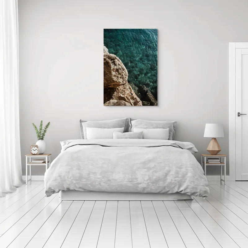 Tablou Canvas, "Marele albastru și stâncile aspre", Stâncă, Apă, Claritate, Natură, Azur, Relaxare, Lumină, Textură, 70 x 100 cm – poza 3
