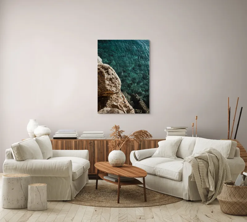 Tablou Canvas, "Marele albastru și stâncile aspre", Stâncă, Apă, Claritate, Natură, Azur, Relaxare, Lumină, Textură, 70 x 100 cm – poza 4
