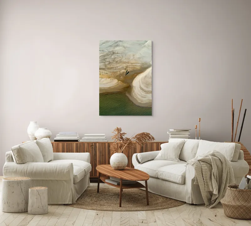 Tablou Canvas, "Un colț de plajă izolat", Nisip, Apă, Lemn, Texturi, Valuri, Linie, Mal, Natură, Culori, Contrast, 70 x 100 cm – poza 4