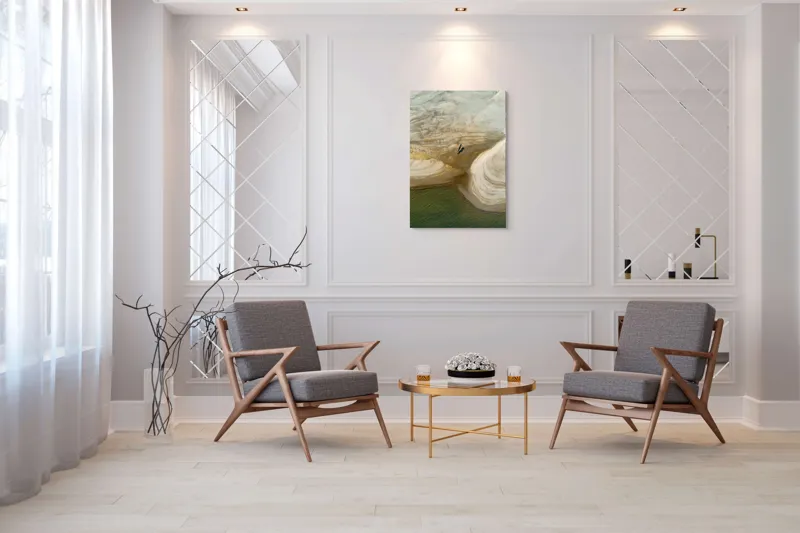 Tablou Canvas, "Un colț de plajă izolat", Nisip, Apă, Lemn, Texturi, Valuri, Linie, Mal, Natură, Culori, Contrast, 70 x 100 cm – poza 8